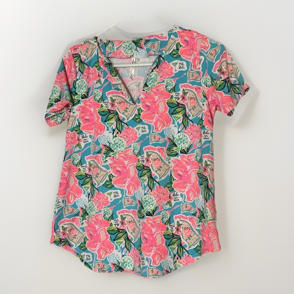 Lulu B Women's Small Tropical Golf Resort Top Pink Teal Floral V-Neck‎